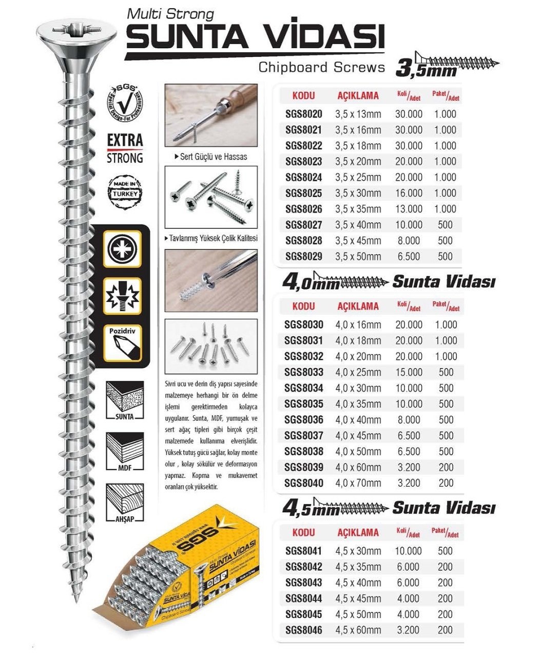 SGS 8026 Multi Strong Sunta Vidası 3,5 x 35mm (1000 adet)