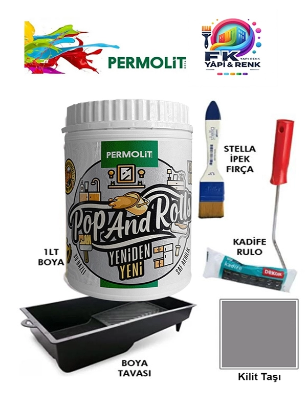 Permolit Pop And Rolls Boya 4 Parçalı Set ( 1Lt Boya - Boya Tavası- Stella İpek Fırça - Kadife Rulo )