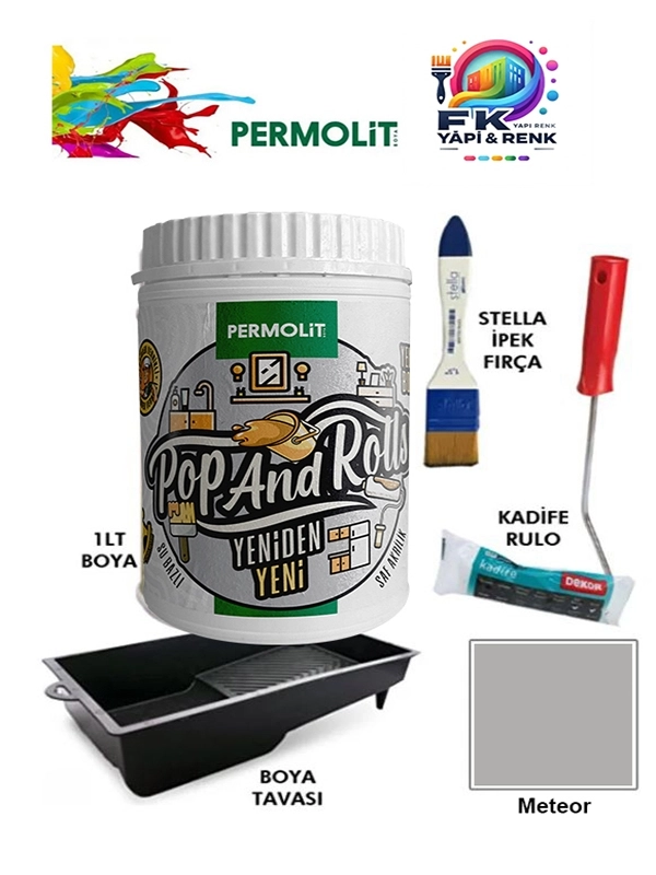 Permolit Pop And Rolls Boya 4 Parçalı Set ( 1Lt Boya - Boya Tavası- Stella İpek Fırça - Kadife Rulo )