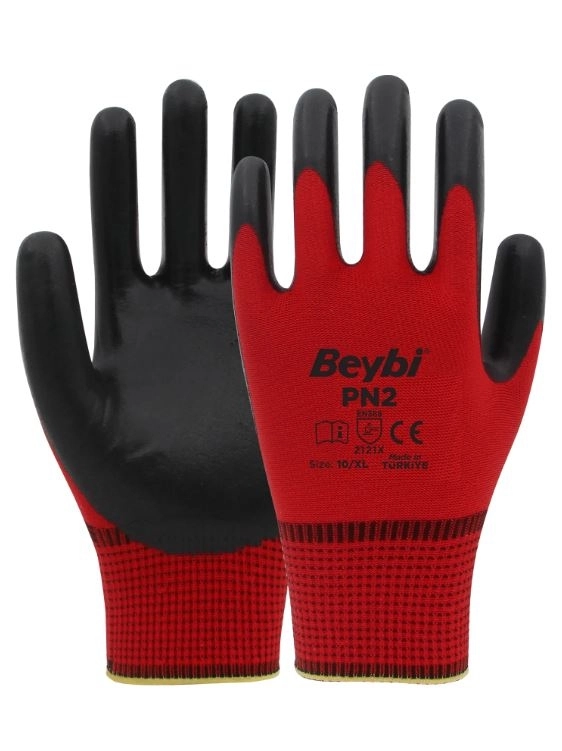 Beybi PN2 Polyester Örme Nitril Eldiven ( kırmızı siyah ) 