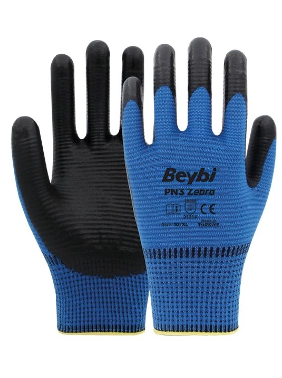 Beybi PN3 Zebra Polyester Örme Nitril Eldiven ( Mavi Siyah)