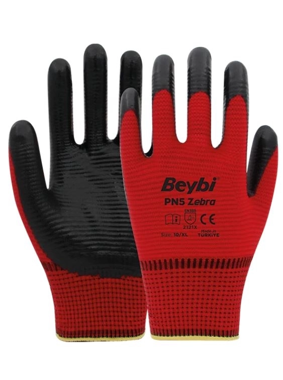 Beybi PN5 Zebra Polyester Örme Nitril Eldiven ( Kırmızı Siyah )