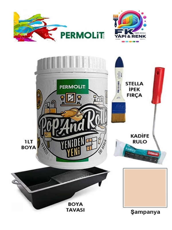 Permolit Pop And Rolls Boya 4 Parçalı Set ( 1Lt Boya - Boya Tavası- Stella İpek Fırça - Kadife Rulo )