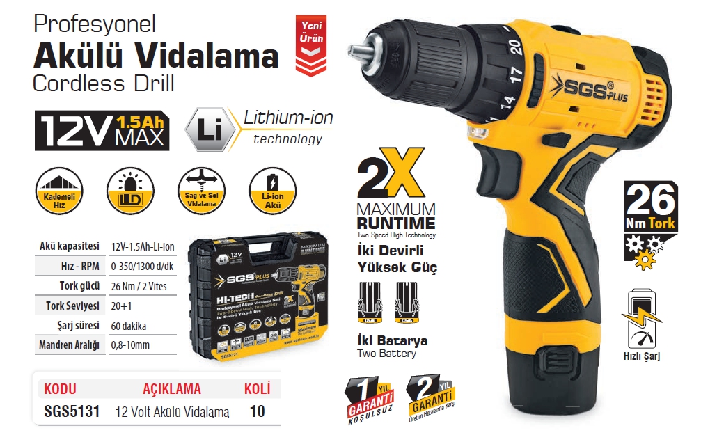 SGS 5131 Profesyonel Akülü Vidalama Seti 12 Volt 1.5 Amper