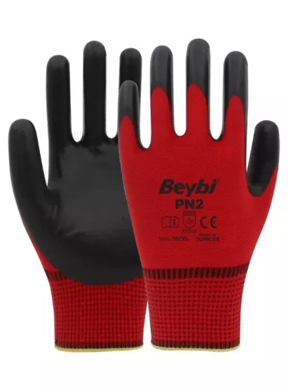 Beybi PN2 Polyester Örme Nitril Eldiven ( kırmızı siyah ) 