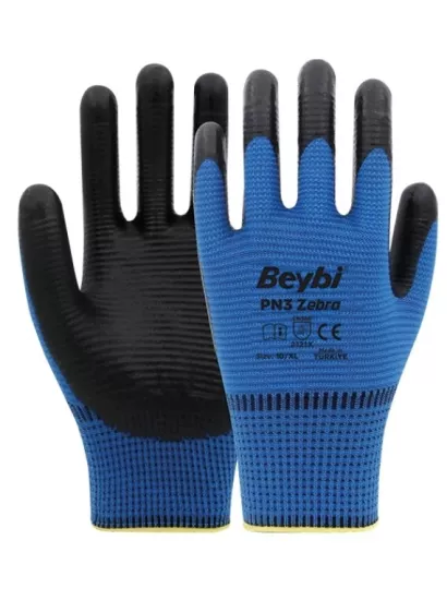Beybi PN3 Zebra Polyester Örme Nitril Eldiven ( Mavi Siyah)