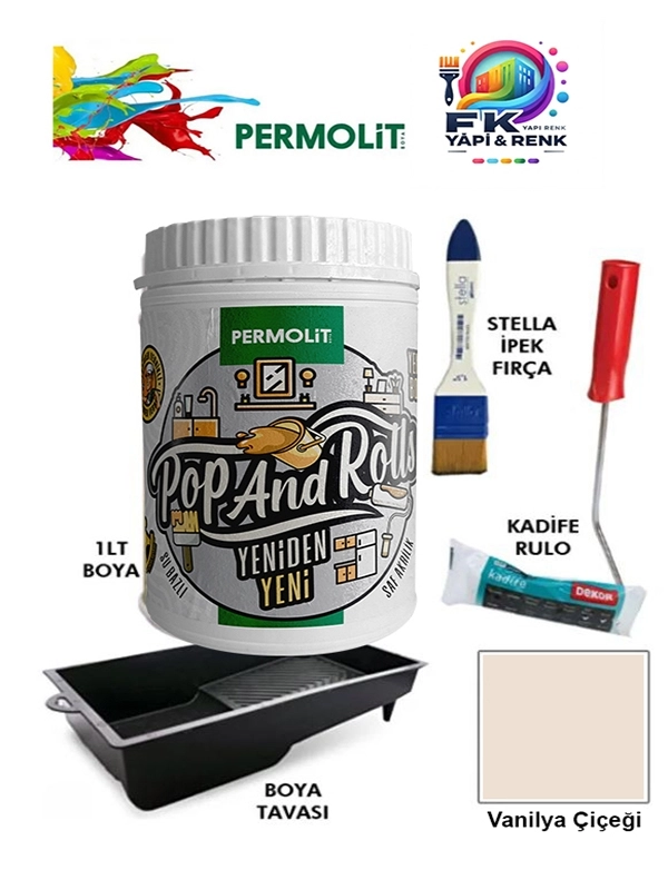 Permolit Pop And Rolls Boya 4 Parçalı Set ( 1Lt Boya - Boya Tavası- Stella İpek Fırça - Kadife Rulo )